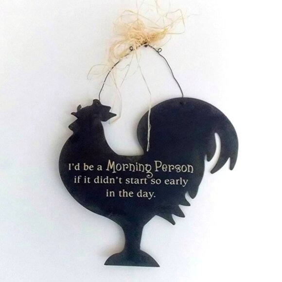 Metal Rooster Hanging Metal Wall Sign Morning Saying Primitive Farmhouse Black - Picture 5 of 14